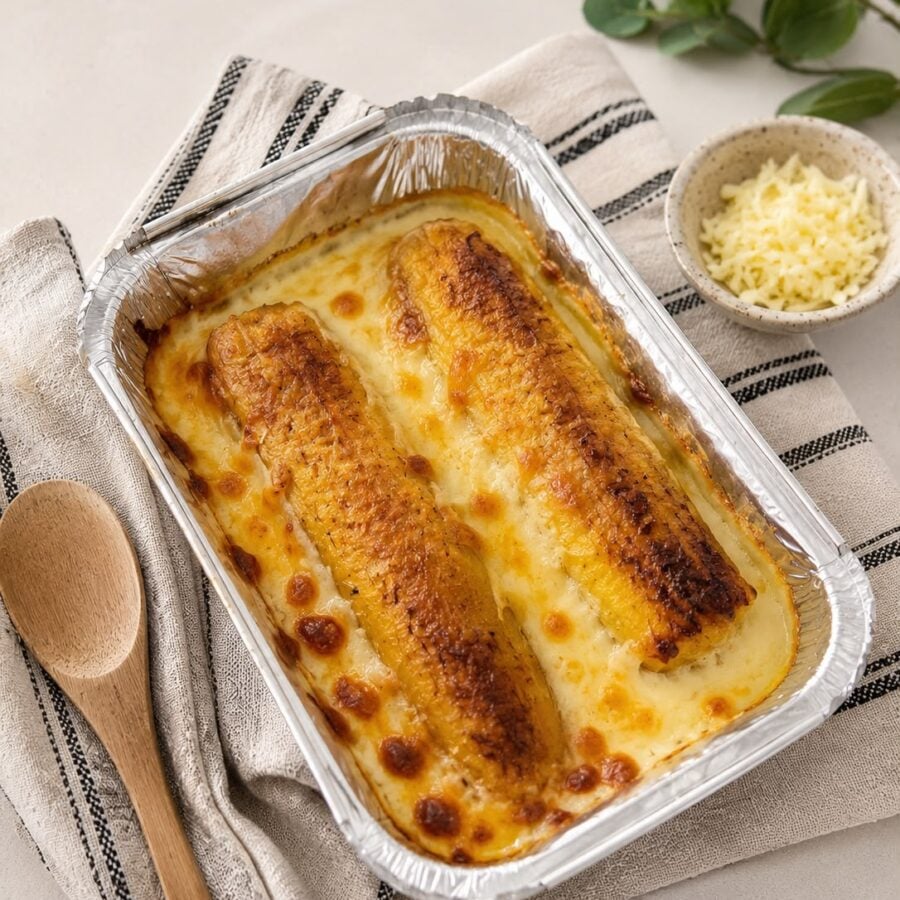 Bandeja de platanos maduros con queso gratinado al horno, Pimiento Rosa