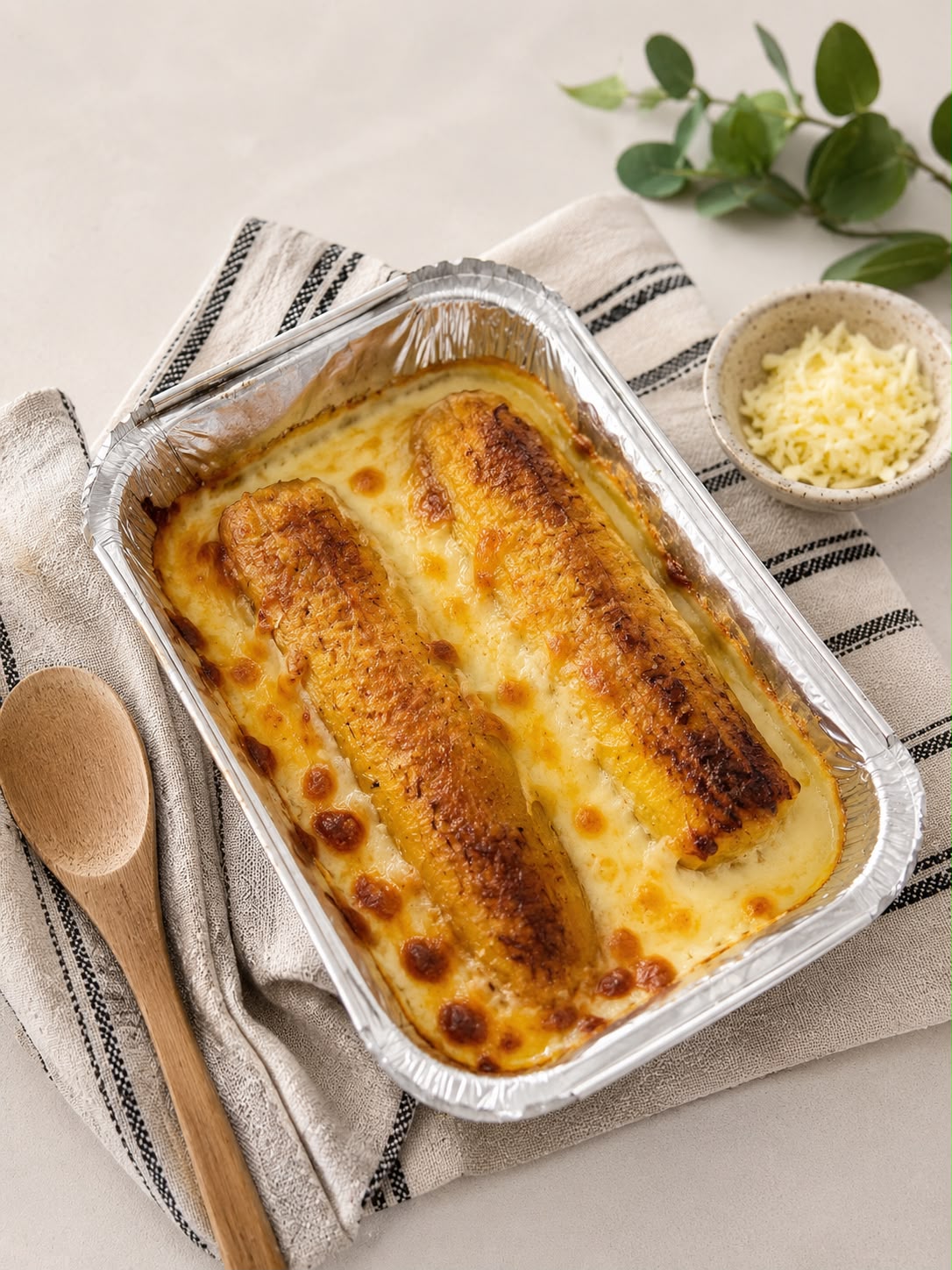 Bandeja de platanos maduros con queso al horno Bandeja de platanos maduros con queso gratinado al horno, Pimiento Rosa