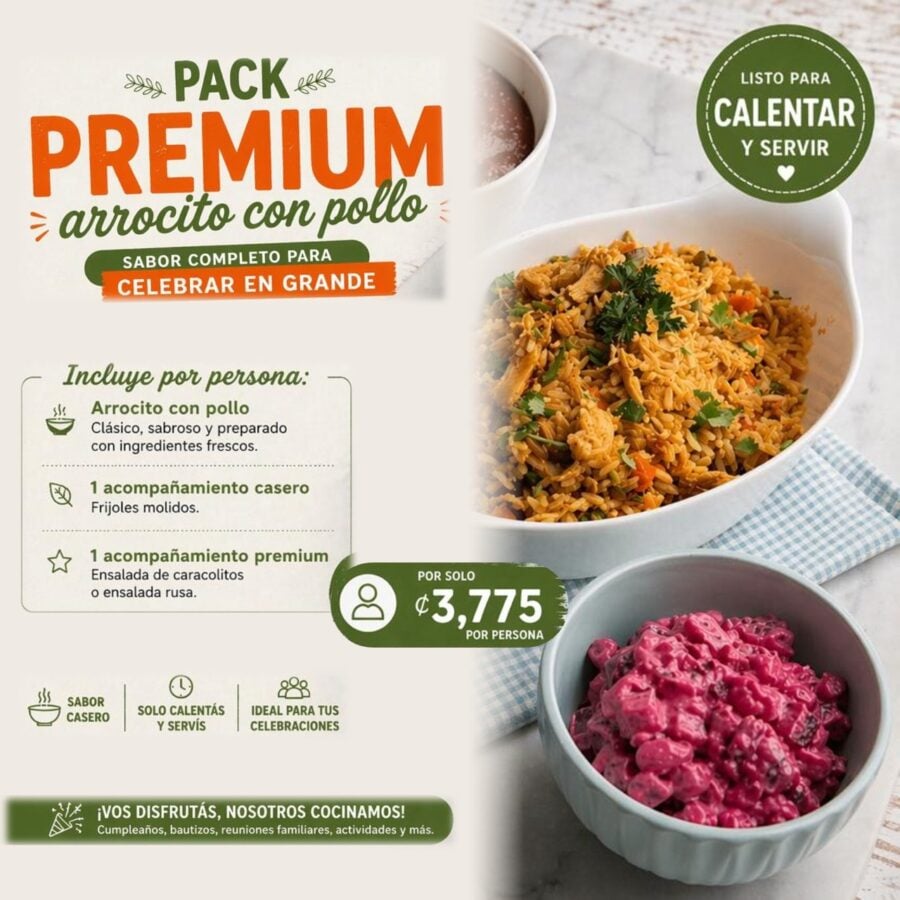Pack Premium arrocito con pollo: arroz con pollo, frijoles molidos y ensalada rusa